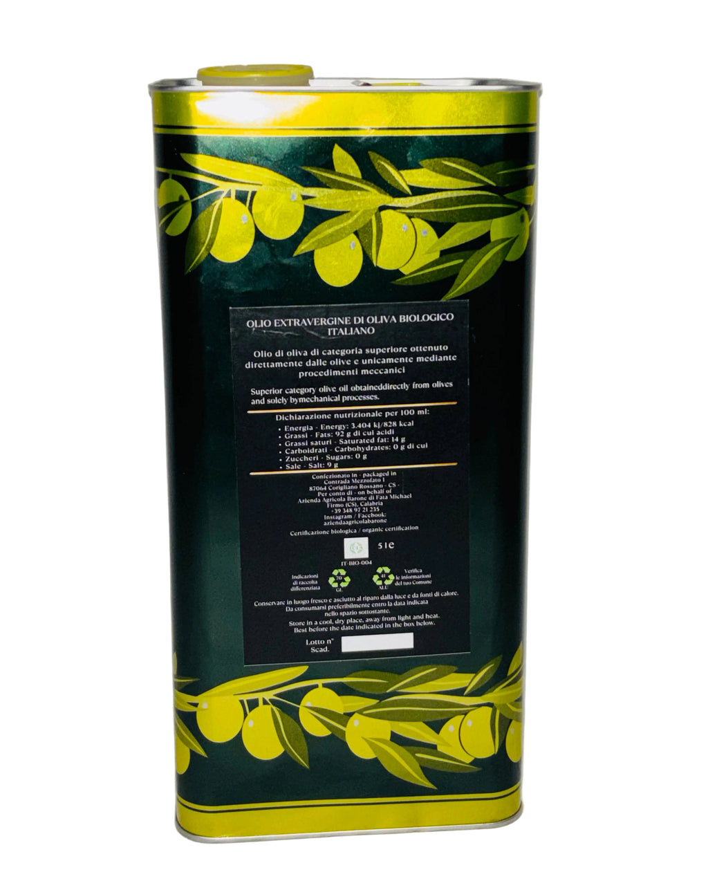 Olio Extravergine d'Oliva Biologico 5 Litri - Latta - Raccolto 2025/26
